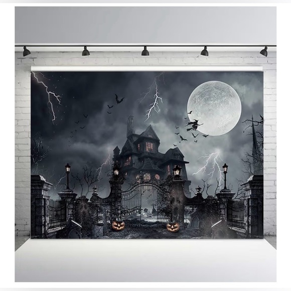 Haunted House Moon Night Gates Backdrop Other - Haunted House Moon Night Gates Backdrop, 8 x 6,Grey Scary Cemetery Pumpkin